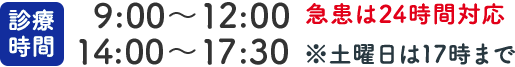 診療時間 午前  9時〜12時 午後14時〜18時 ※土曜日は17時まで